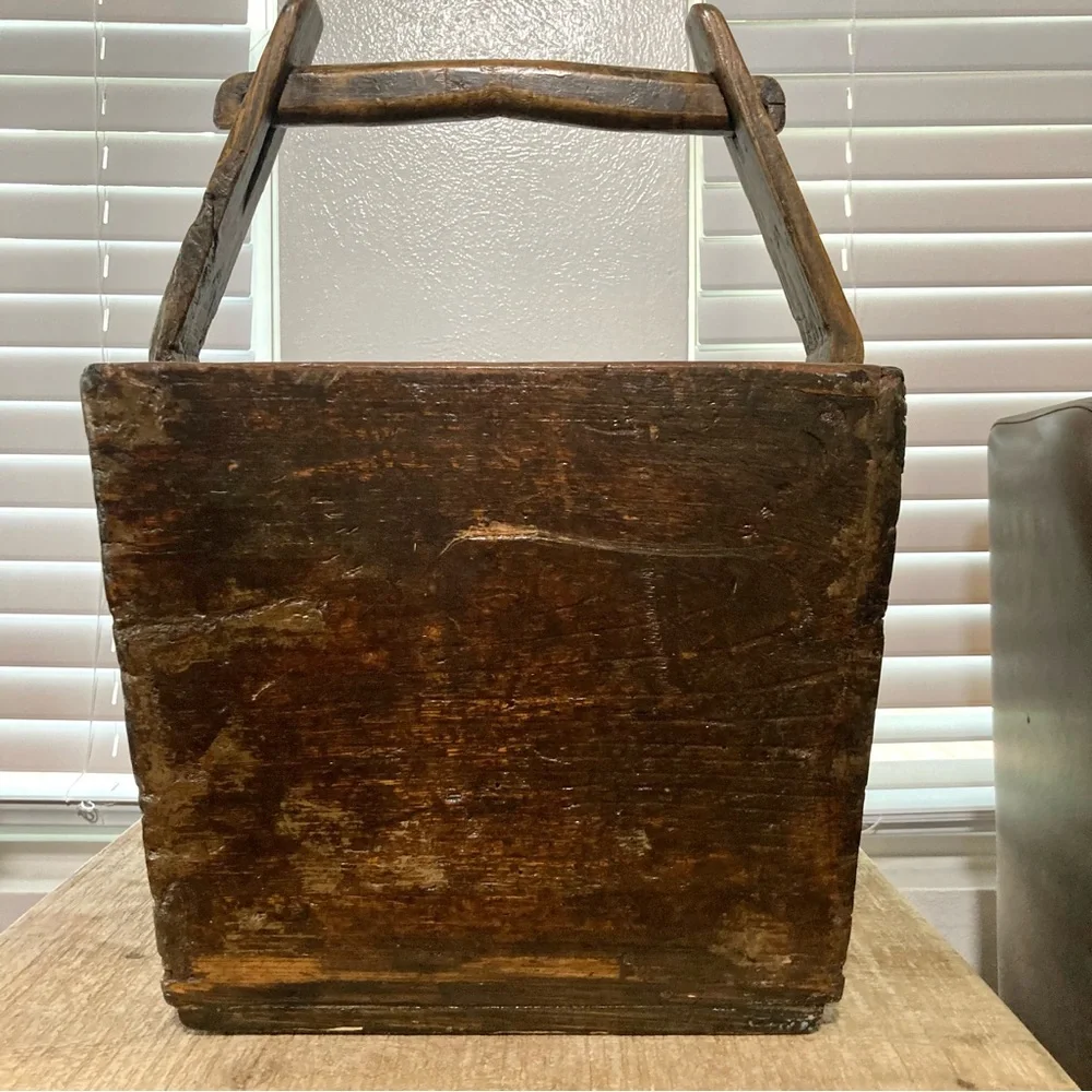 Big Wooden Rice Basket Bucket Rustic Distressed Farmhouse Decor